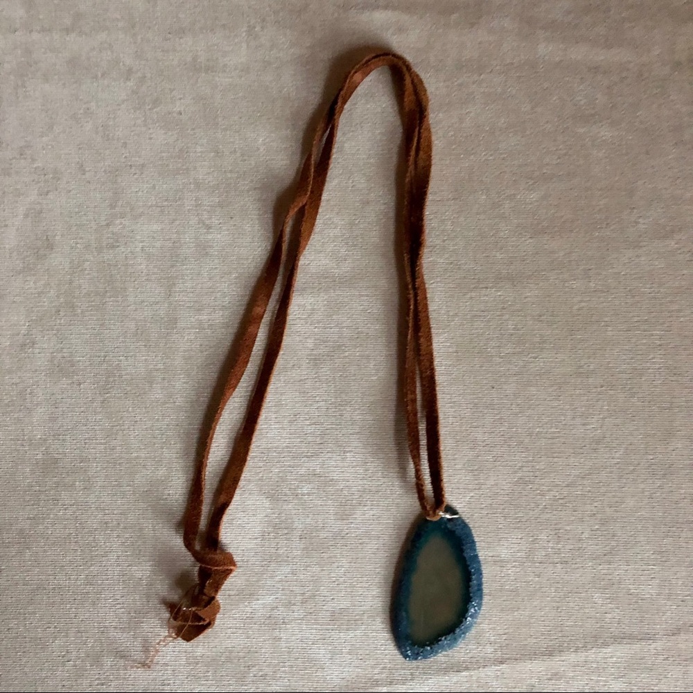 Blue Geode Long Necklace with Leather Strap